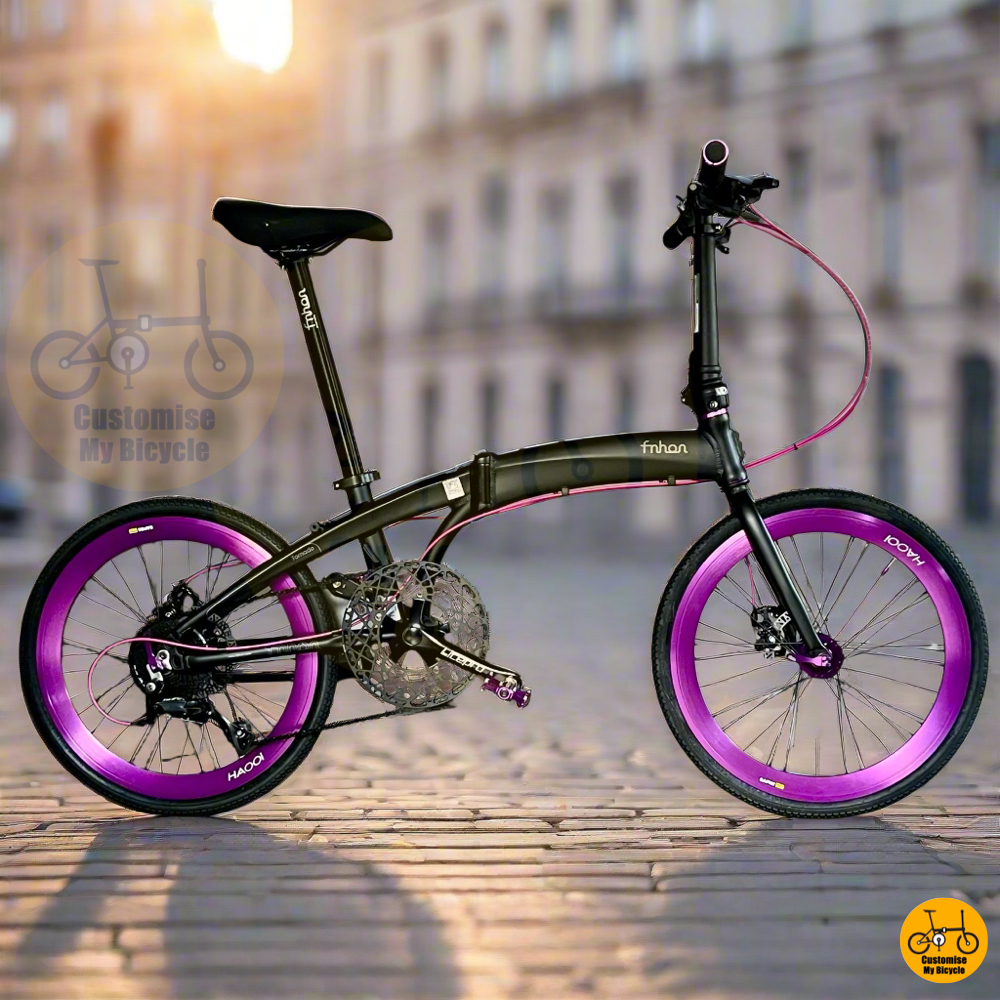 Fnhon Tornado 22-inch folding bike with purple accents and Shimano 9-speed performance parts