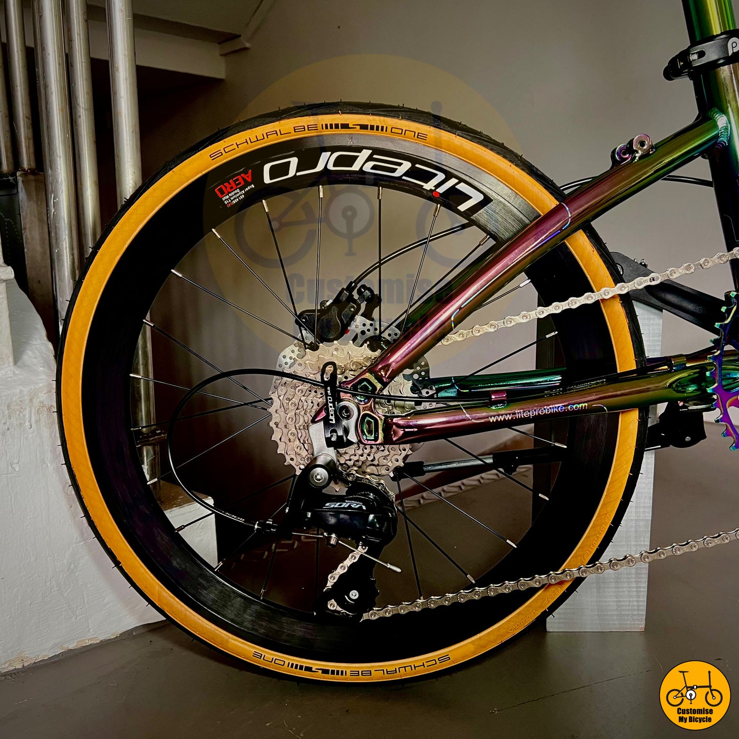 Schwalbe One tyre on Electroplated Crius Master 22-Inch Foldable Bicycle β Built for Speed & Style