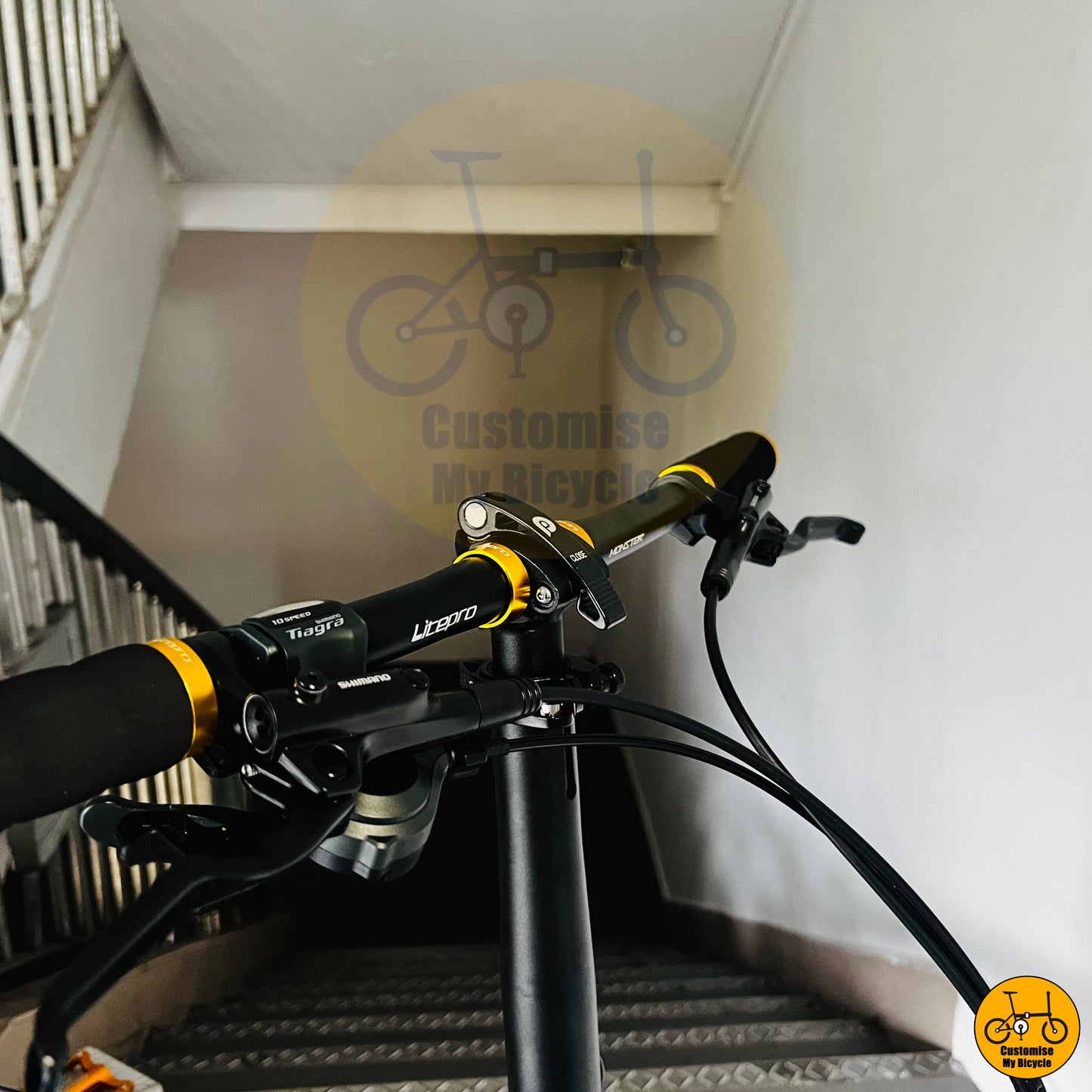 Gold pedals and ergonomic handlebars on Crius Velocity 22-inch folding bicycle