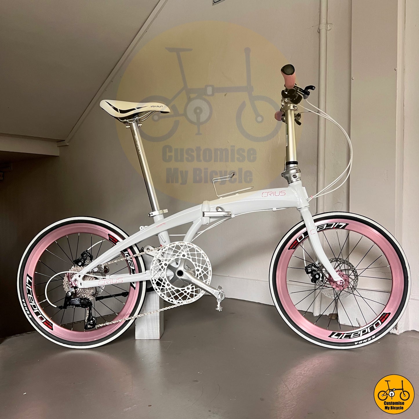 Crius Velocity 22-inch Folding Bike β Snow White Frame with Baby Pink Wheels