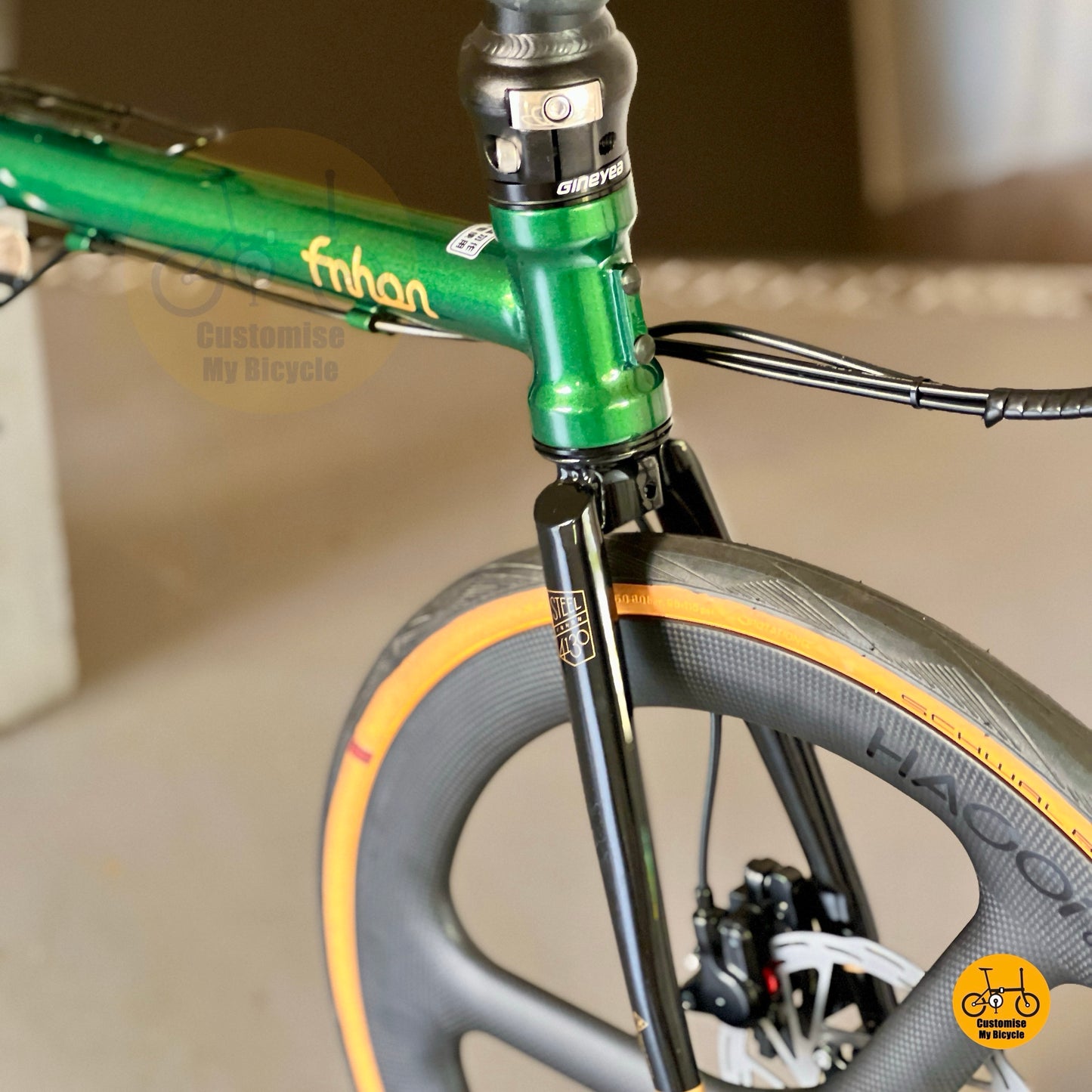 Fnhon Gust folding bike Emerald Green with carbon trispoke wheels