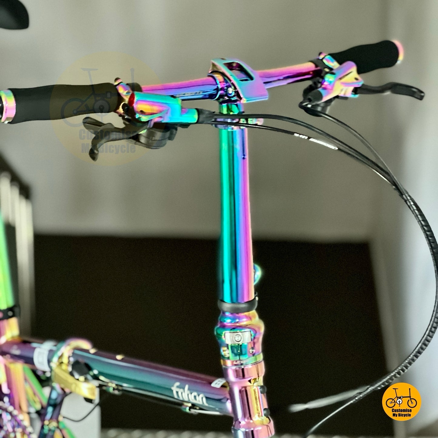 Oil slick telescopic handle post and handle bar on custom Fnhon Gust Oil Slick folding bicycle indoors