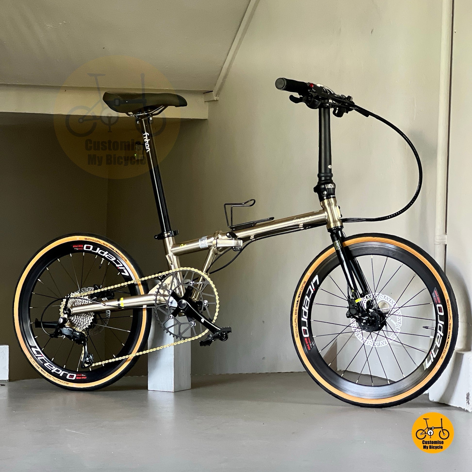 Lower side profile of Fnhon Gust 22-inch titanium gold folding bike showing full frame geometry, tan wall tires, and Litepro wheels.