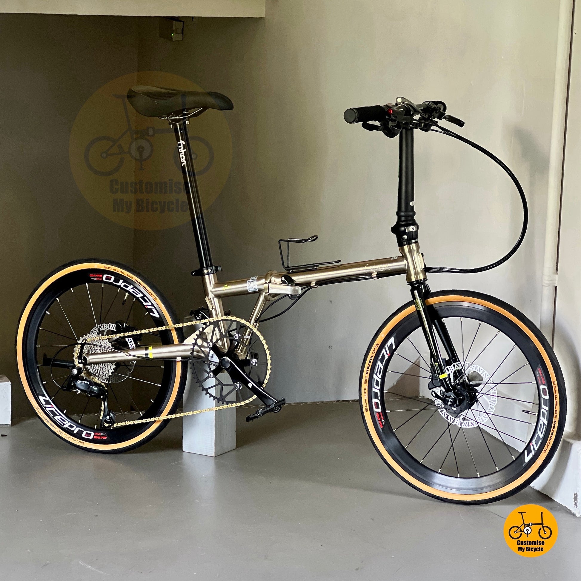 Side profile of Fnhon Gust 22-inch titanium gold folding bike showing full frame geometry, tan wall tires, and Litepro wheels.