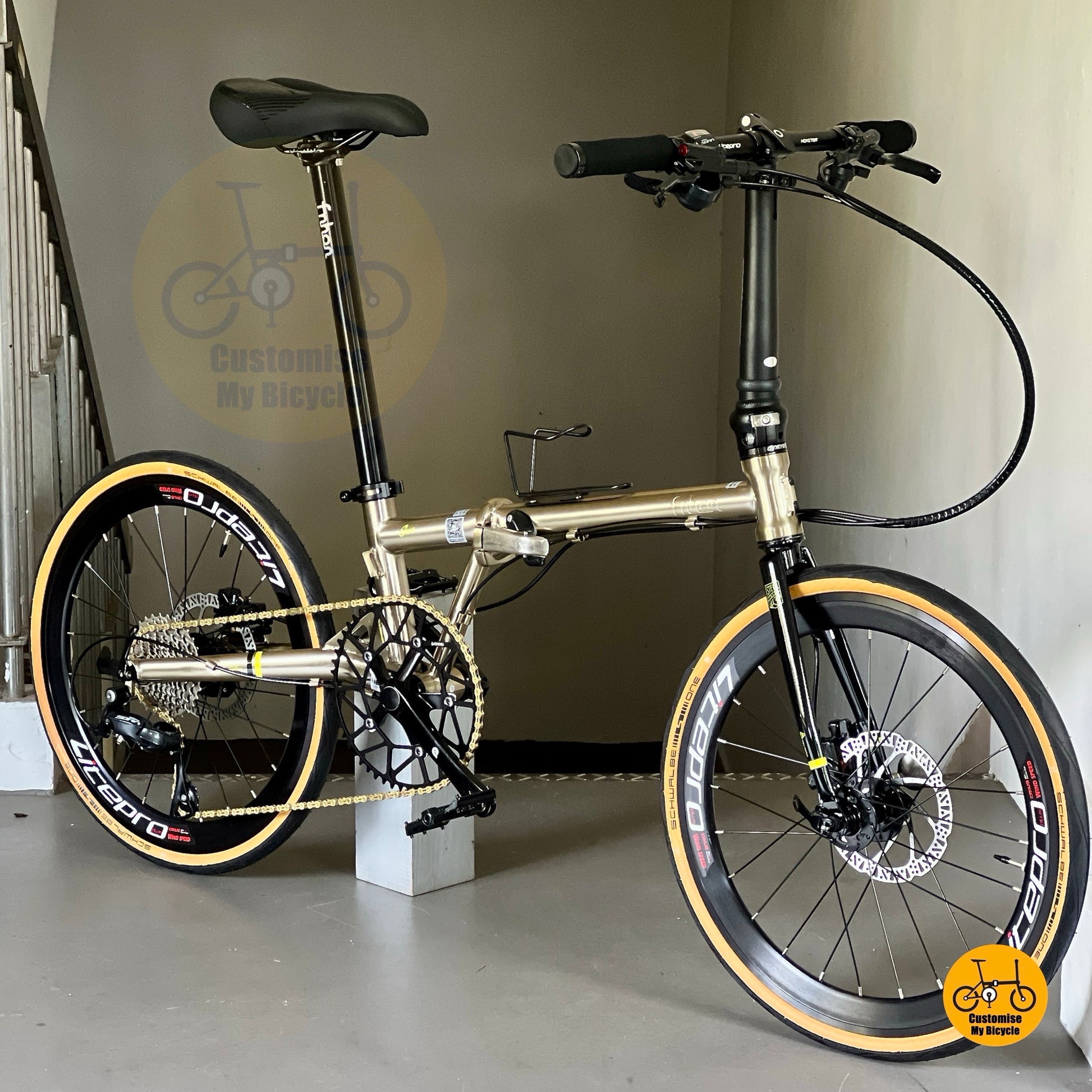 Front top profile of Fnhon Gust 22-inch titanium gold folding bike showing full frame geometry, tan wall tires, and Litepro wheels.
2. Clo
