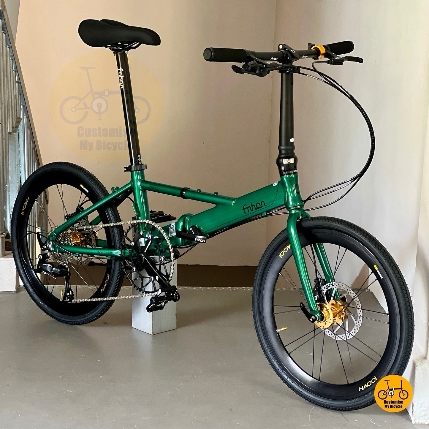 Basikal lipat Fnhon Monsoon 22 inci Emerald Green Gold Shimano 9 kelajuan ringan