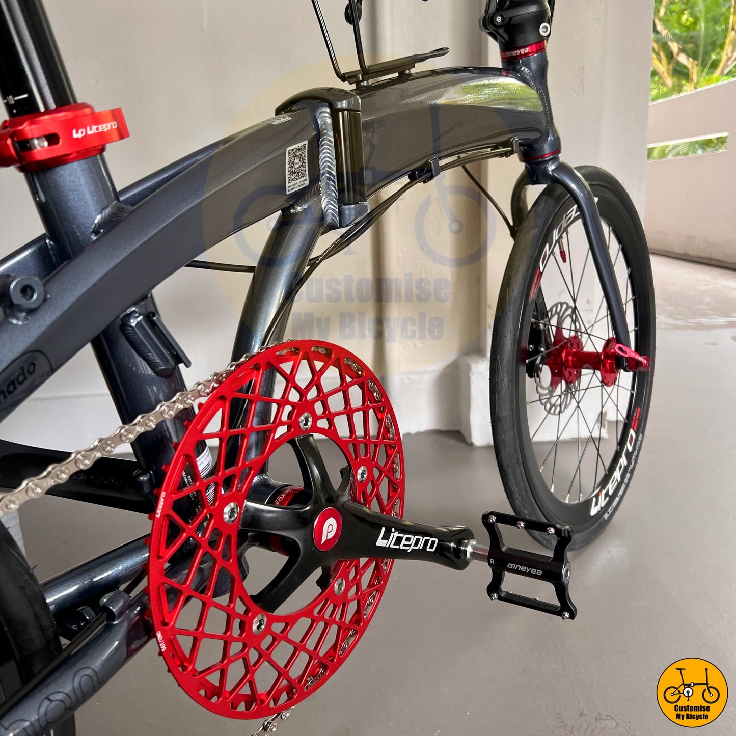Hot Red Litepro Chainring on Fnhon Tornado β Folding Bike for Comfort, Performance & Urban Travel