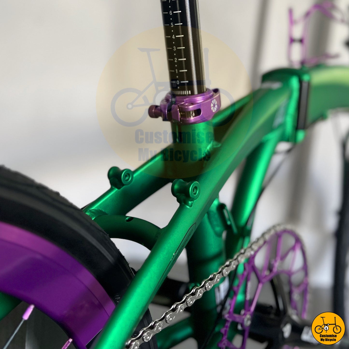 Purple Seat Post Clamp on Lightweight & Compact Fnhon Tornado 22-Inch Foldie β Easy to Carry & Store