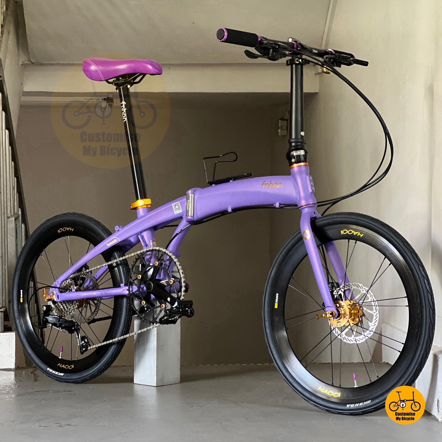Premium Fnhon Tornado Velvet Purple Folding Bicycle With Gold Details And Shimano 9 Gears