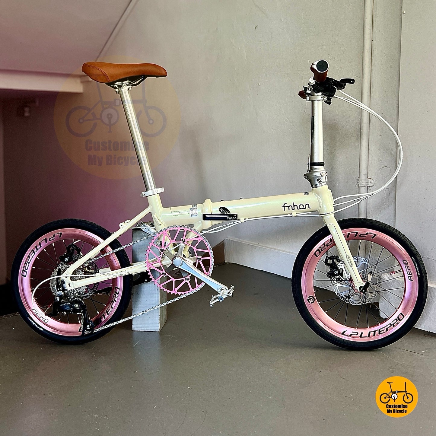Fnhon Zephyr 18 inch foldable bike beige Shimano 9s mechanical disc brakes Litepro aero wheels CST tyres