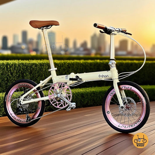 Fnhon Zephyr 18 inch beige folding bicycle Shimano 9 speed lightweight alloy frame MRT friendly compact bike