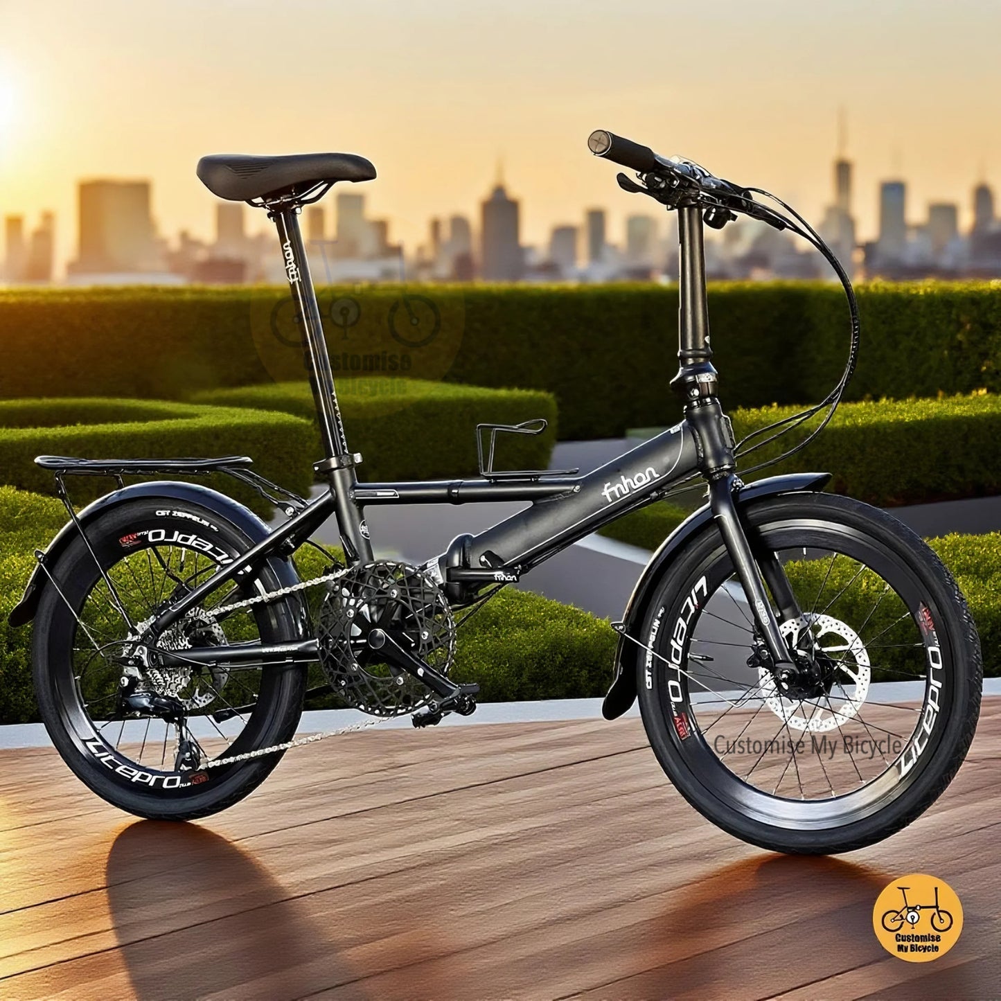 Fnhon Monsoon 20 inch Matte Black folding bike side profile with rear rack