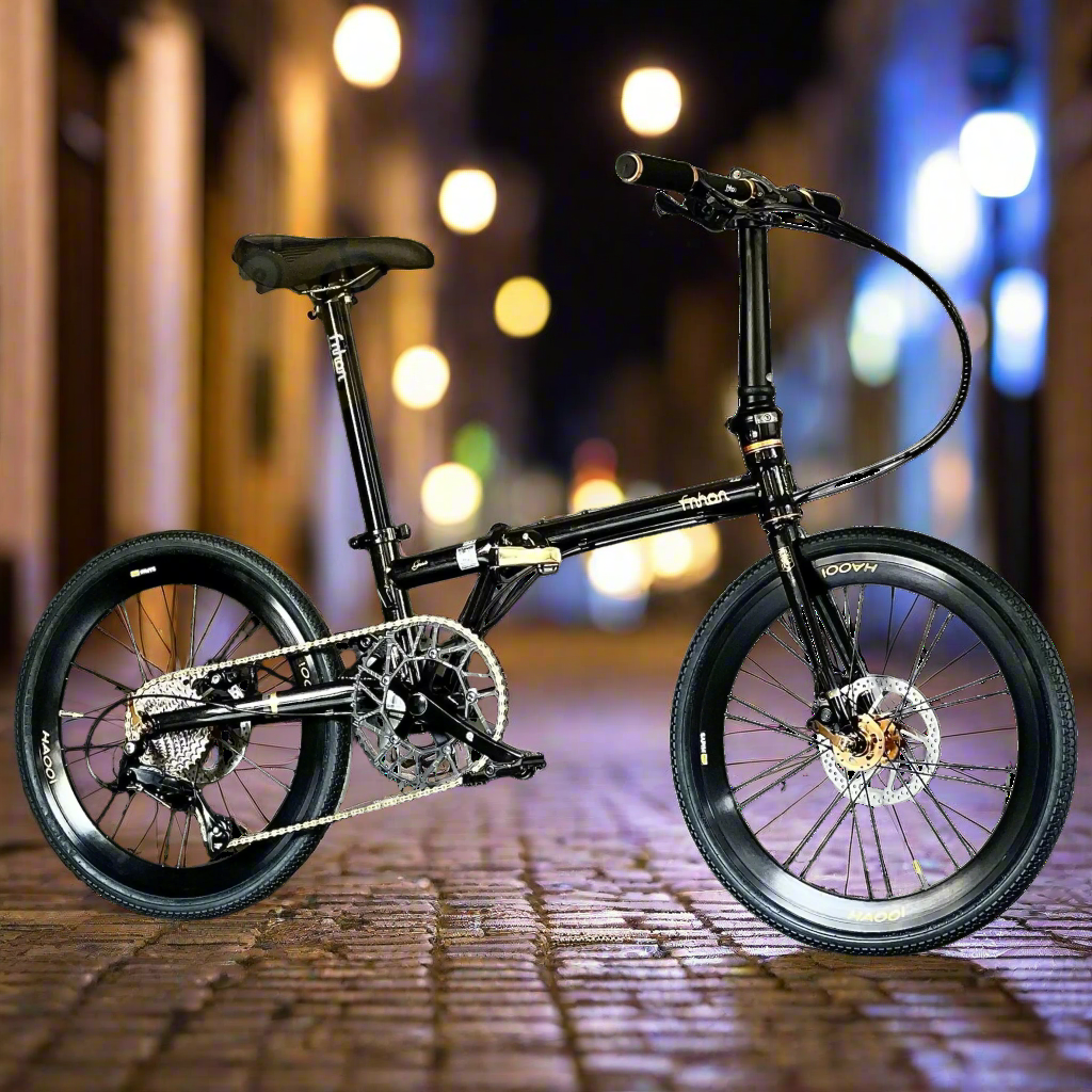 Fnhon Gust 22 Inch Folding Bike With Shimano 9 Speed Gear Black Gold Chromoly Frame