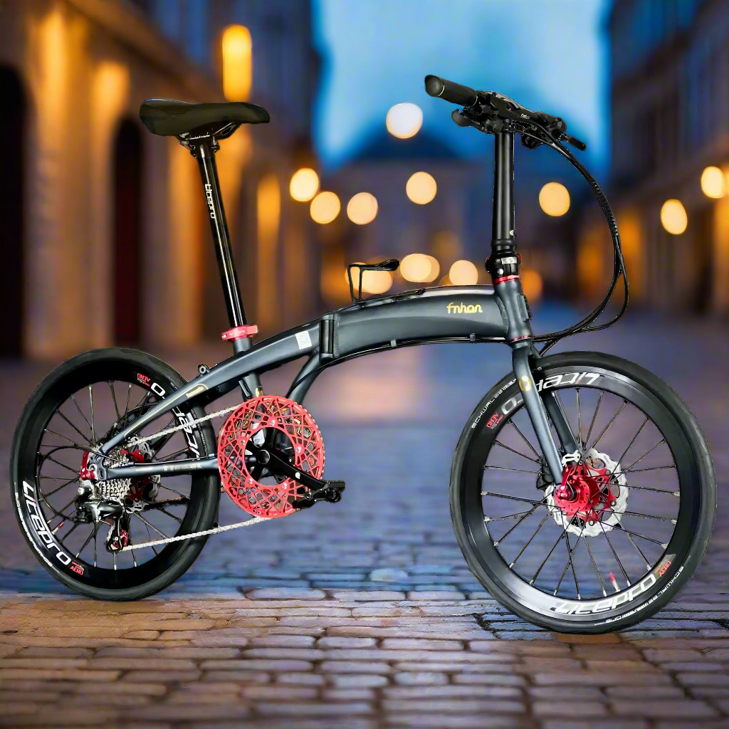 Fnhon Tornado 22 inch folding bike dark teal blue with red accents and Shimano 10 Tiagra