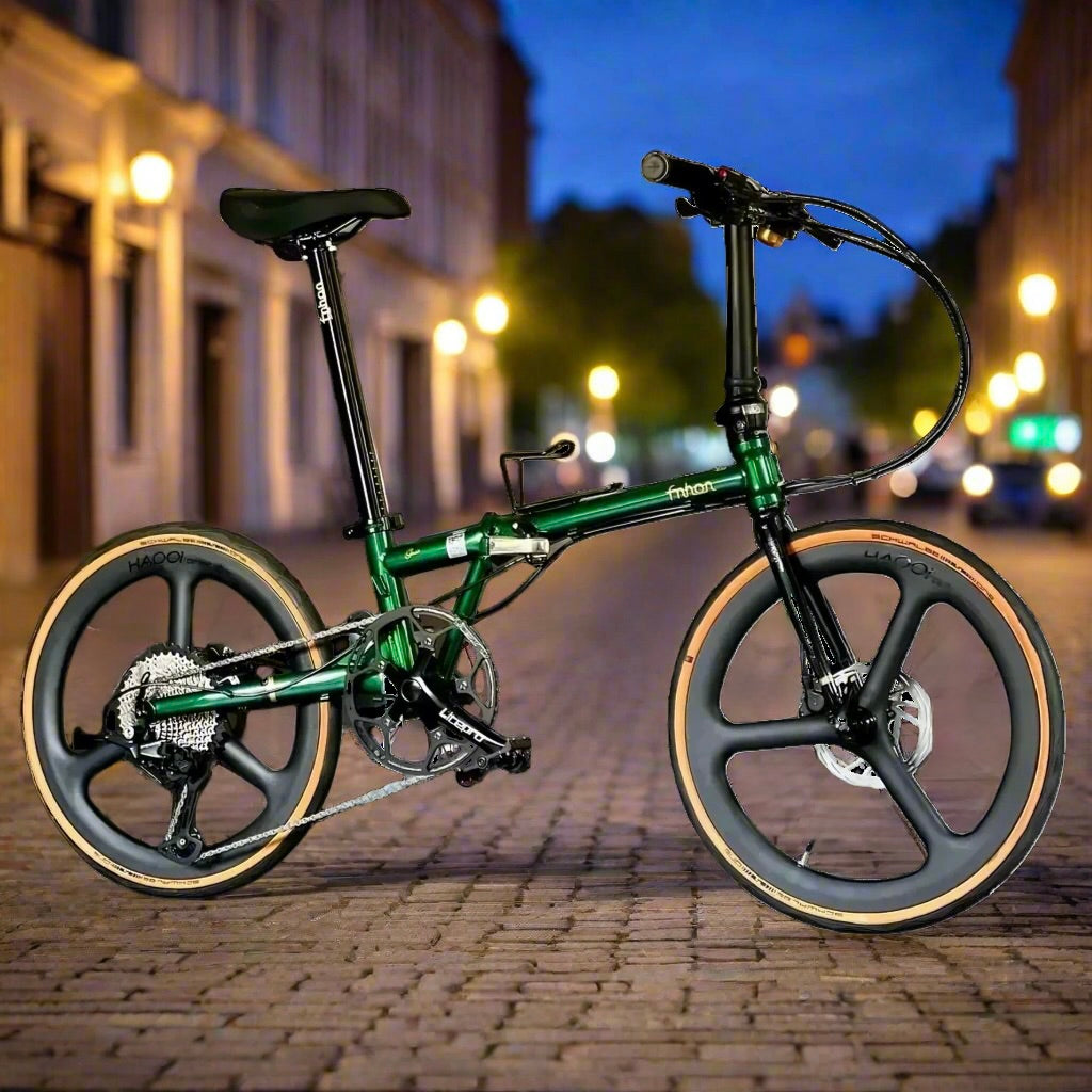 Fnhon Gust 22 inch folding bicycle with Shimano Deore 12 speed gears in Emerald Green for PCN and road