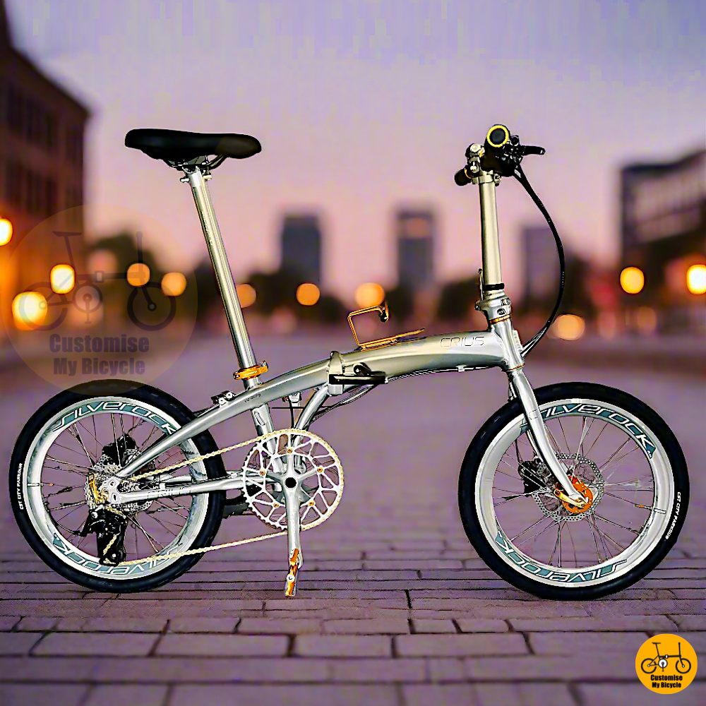 Crius Velocity 20-inch Folding Bike – Platinum Silver Frame with Gold Accents
