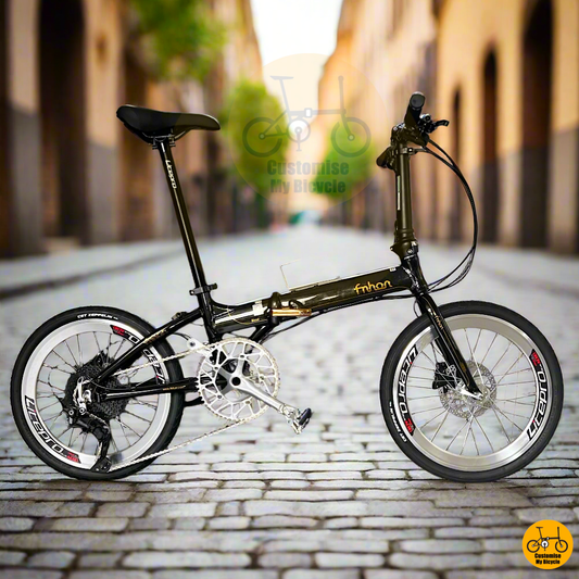 Fnhon Blast 20-inch folding bike with black gold frame and silver crankset
