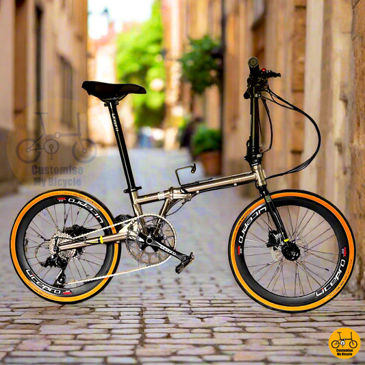 Fnhon Gust folding bike titanium gold frame with tan wall tyres
