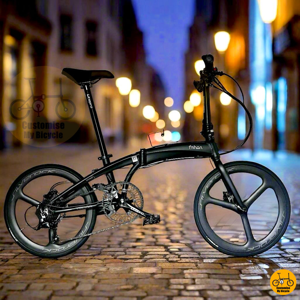 Fnhon Tornado 22-inch matte black folding bike with Silverock tri-spoke wheels