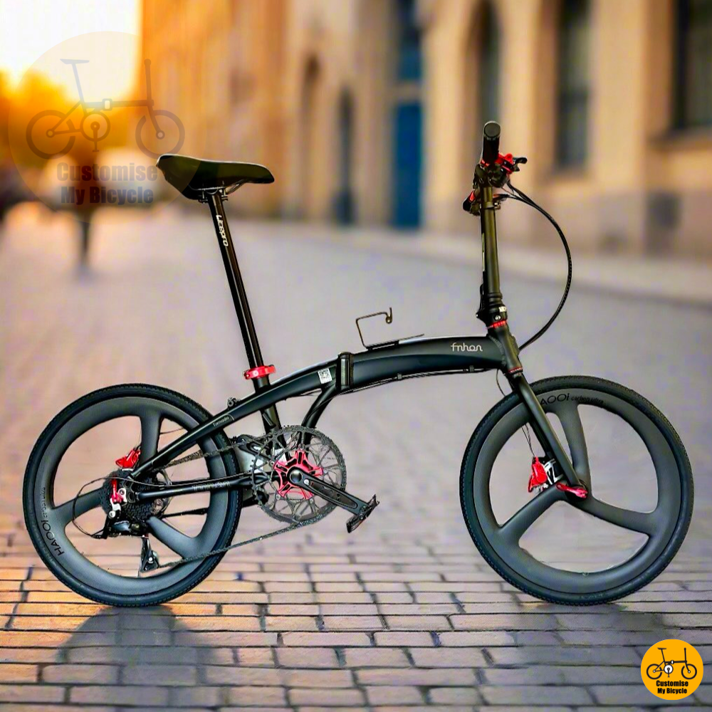 Fnhon Tornado 22-inch folding bike in matte black with red accent components
