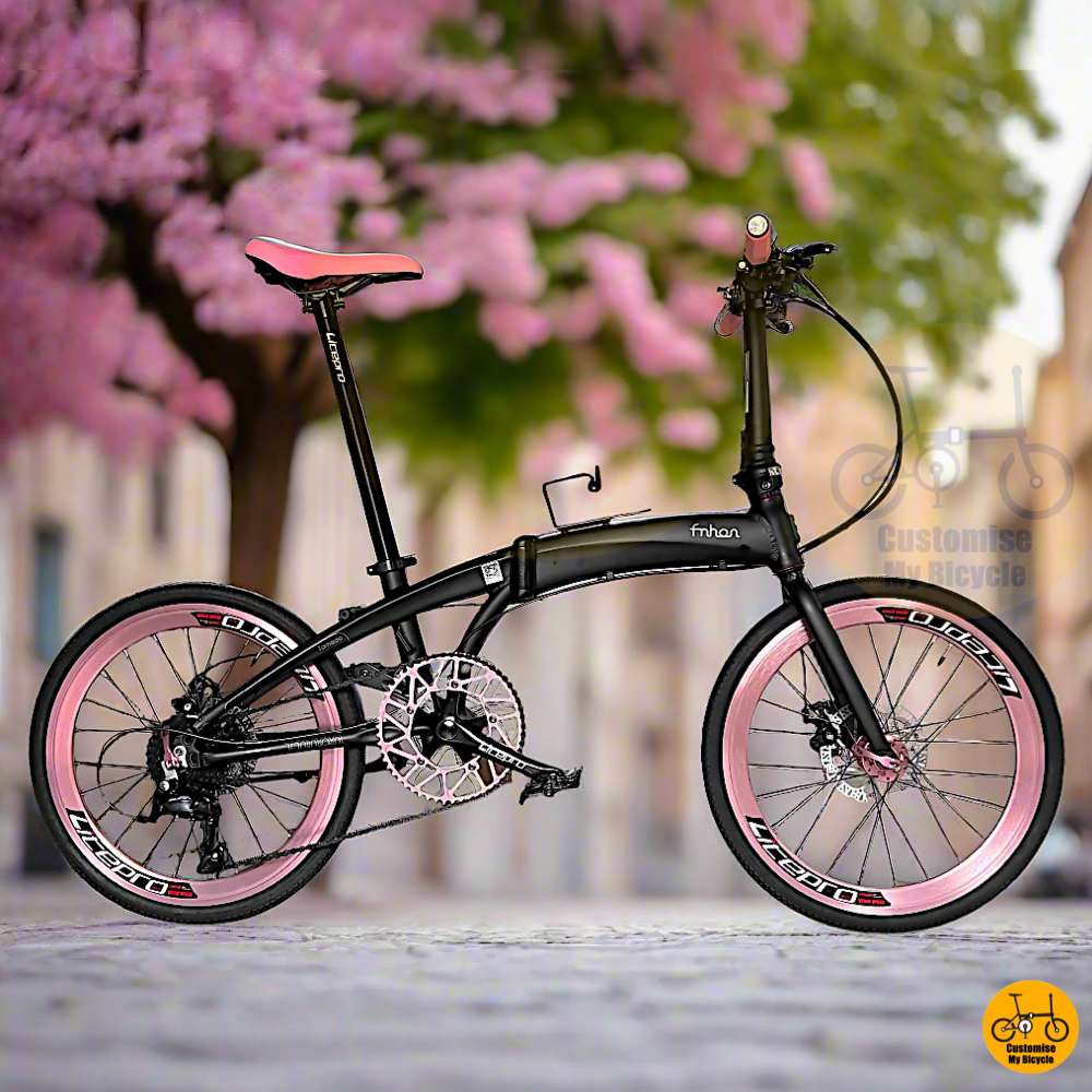 Fnhon Tornado 22” Matte Black – Elegant Folding Bike with Soft Pink Touch
