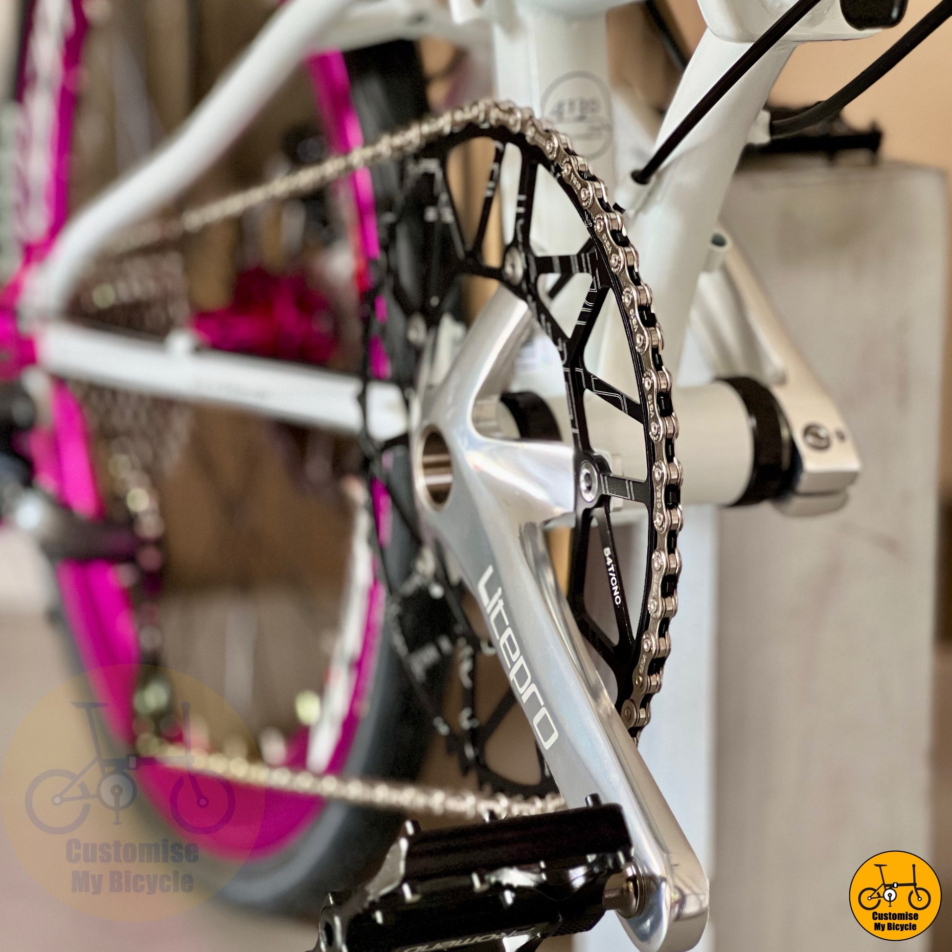 custom white folding bicycle with hollowtech crank
