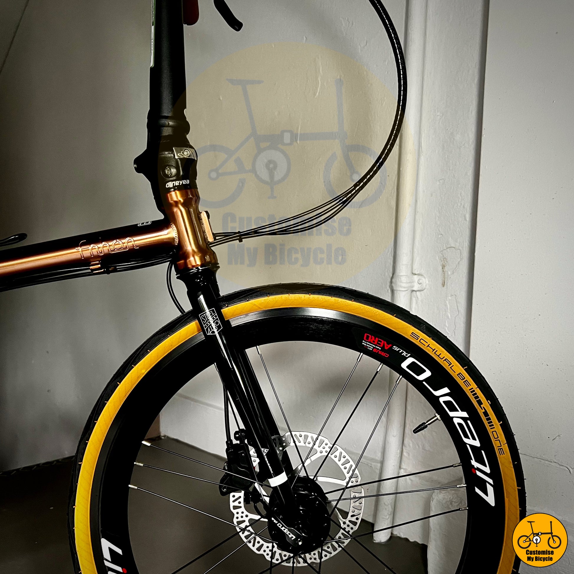 Rose gold Fnhon Gust 20-inch folding bike with Schwalbe One tan wall tyres
