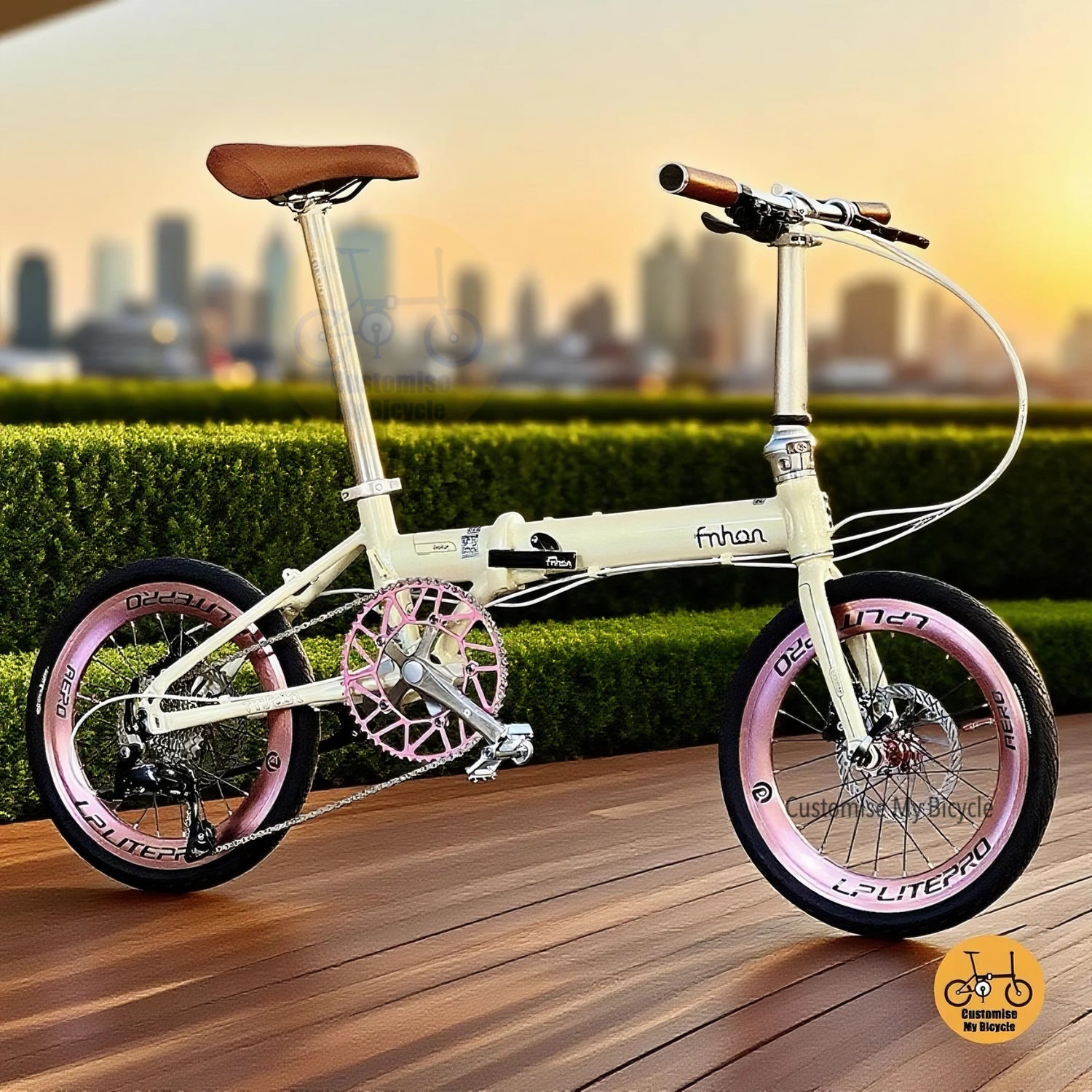 Fnhon Zephyr 18 inch beige folding bicycle Shimano 9 speed lightweight alloy frame MRT friendly compact bike