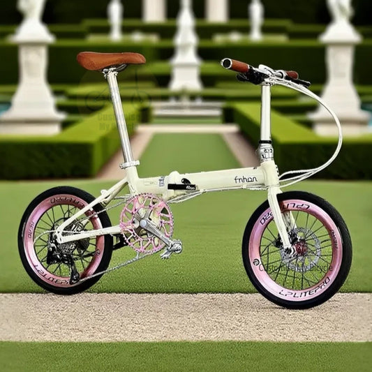 Fnhon Zephyr 18 inch beige folding bicycle Shimano 9 speed lightweight alloy frame MRT friendly compact bike
