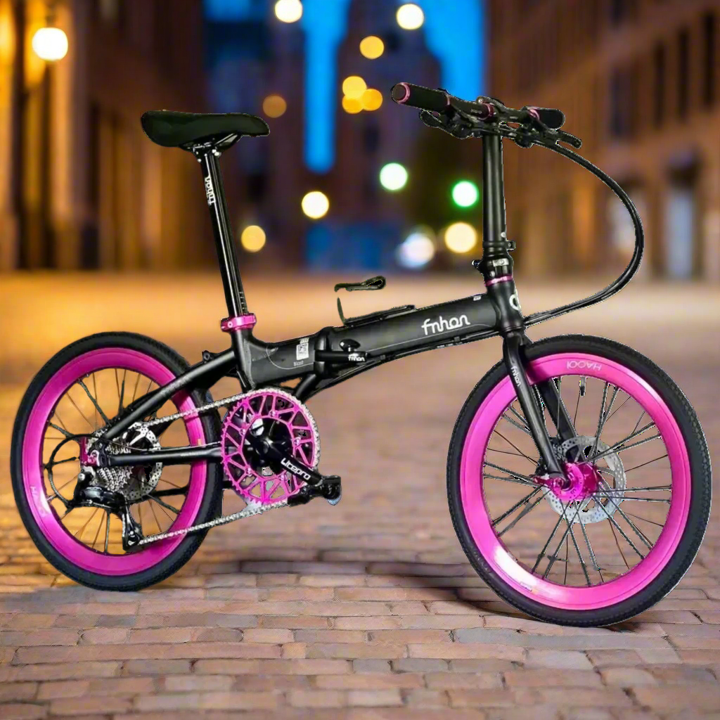 Fnhon Blast 22 Inch Matte Black Hot Pink Folding Bike With Shimano 9 Gears And Litepro Components  
